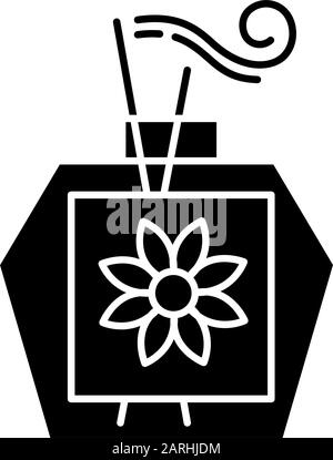 Symbol für Aromatherapie-Glyphe. Duftstäbchen im Glasbecher. Ätherische Öle für Entspannung. Selbstversorgung und Wellness. Therapeutisches Verfahren. Silhouettensymbol. Stock Vektor