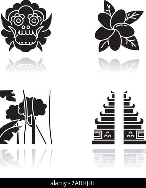 Indonesien Schlagschatten schwarze Glyphe Symbole gesetzt. Tropische Landpflanzen. Urlaub in Indonesien. Entdecken Sie Traditionen und Kultur. Einzigartige Flora. Bali Sehenswürdigkeiten Stock Vektor