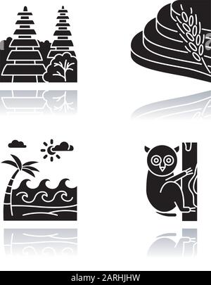 Indonesien Schlagschatten schwarze Glyphe Symbole gesetzt. Tropische Tiere. Urlaub in Indonesien. Exotische Wildtiere entdecken. Einzigartige Flora und Fauna. Sehenswürdigkeiten auf Bali Stock Vektor