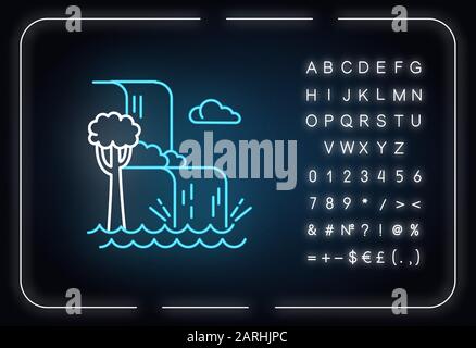 Symbol für Neonlicht in der Wasserfalllandschaft. Urlaub in Indonesien. Tropische Dschungelflüsse. Wasserkaskade im Regenwald. Leuchtendes Zeichen mit Alphabet, Zahlen a Stock Vektor