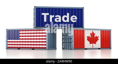 Frachtcontainer mit Flagge USA und Kanada. 3D-Rendering Stockfoto