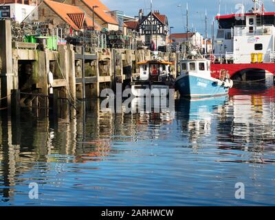 Fischerboote im Hafen von Scarborough North Yorkshire England Stockfoto