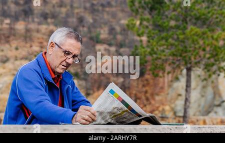 Alter Mann mit Brille liest Zeitung im Park mit Wald im Hintergrund Stockfoto