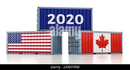 Jahr 2020 - Frachtcontainer mit Flagge USA und Kanada. 3D-Rendering Stockfoto