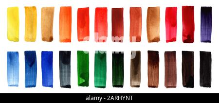 Bunte Palette an Aquarell. Set mit rot orange gelb grün blau lila gelb Aquarellfarben Stockfoto