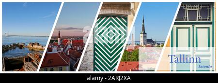 Werbematerial für Reiseartikel für den Besuch in Tallinn, Estland mit 5 Bildern. Stockfoto