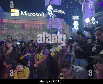 Los Angeles, Kalifornien, USA. Januar 2020. Fans versammeln sich in einem Denkmal für den ehemaligen NBA-Spieler Kobe Bryant bei L.A. Live, außerhalb des Staples Centers. Die Fans hinterließen Blumen, Notizen, Fotos und Kerzen, um seinen Tod zu beklagen. Kredit: Catherine Bauknecht/ZUMA Wire/Alamy Live News Stockfoto