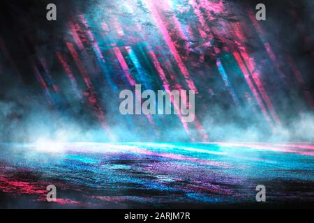 Futuristischer Spielhintergrund oder Produktpräsentation. Digital- oder Cyber-Oberfläche. Neon-gestreifte Lichter und geometrisches Muster. Stockfoto