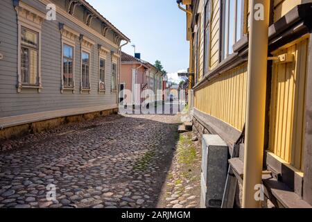 Old Rauma ist das Holzzentrum der Stadt Rauma, Finnland. Es ist als UNESCO-Weltkulturerbe gelistet. Stockfoto