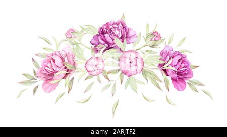 Wasserfarbenblumen. Pony. Luxus-Girlande mit pinkfarbenen Ponys. Einrichtung Für Hochzeitseinladungen. Luxuriöse Pinkblüte, Knospen, Blätter, Zweige. Vorgefertigte Komposition. Stockfoto