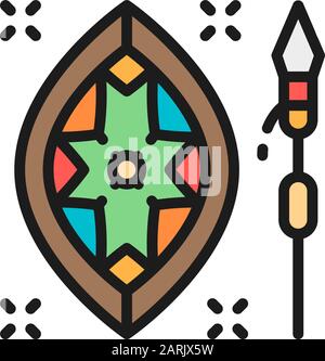 Vektor afrikanische Speer- und Schild-Symbol für flache Farblinien. Stock Vektor