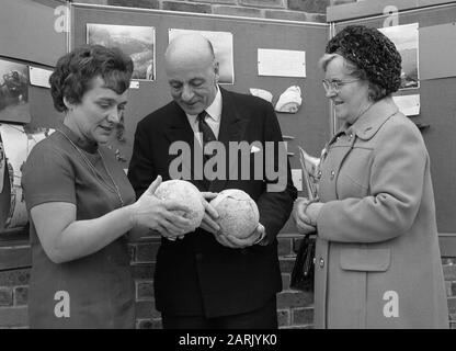 AJAXNETPHOTO. NOVEMBER 1971. FISHBOURNE, ENGLAND. - RULE UND ROSE INSPIZIEREN BÄLLE. - SIR ALEC ROSE, DER 1967-8 IN EINER 36 FT KETCH NAMENS LIVELY LADY (CENTER) MIT SEINER FRAU LADY ROSE (RECHTS) UND TUDOR SCHIFFSWRACK MARY ROSE ACHAOOLOGIST UND DEM LEITER DES WIEDERHERSTELLUNGSPROJEKTS MARGARET RULE (LINKS) UM DIE WELT SEGELTE, UNTERSUCHT KANONENKUGELN, DIE VON DER WRACKSTELLE AN A GEBORGEN WURDEN PRESSEKONFERENZ IM RÖMISCHEN PALAST VON FISHBOURNE. FOTO:AJAX NACHRICHTEN- UND FUNKTIONSDIENST REF:711117 10 8 Stockfoto