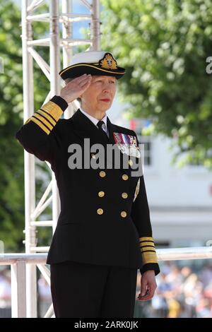 HRH The Princess Royal, Prinzessin Anne nimmt an der Veranstaltung 2019 zum Tag der nationalen Streitkräfte in Salisbury. Die Red Arrows nahmen an der Parade der Streitkräfte um Salisbury an. Stockfoto