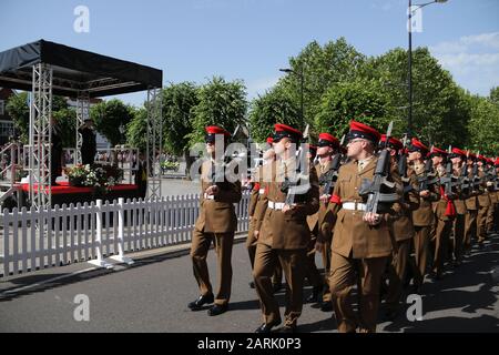 HRH The Princess Royal, Prinzessin Anne nimmt an der Veranstaltung 2019 zum Tag der nationalen Streitkräfte in Salisbury. Die Red Arrows nahmen an der Parade der Streitkräfte um Salisbury an. Stockfoto