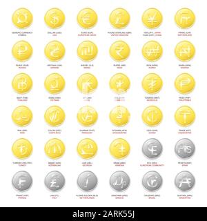 Gold- und Silbermünzen mit Symbolen der Weltwährungen. Vektorgrafiken mit einer Reihe von Währungszeichen Stock Vektor