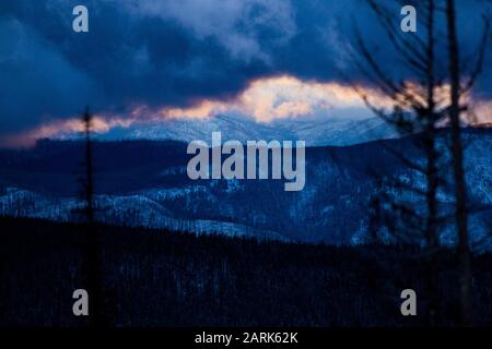 Die Sonne geht hinter den wilden Waldstreifen unter. Stockfoto