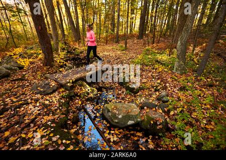 Eine Frau, die über eine kleine Wegbrücke im Wald läuft. Stockfoto