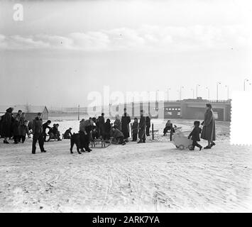 Erster Schnee in Amsterdam, Schneespaß auf der Brücke von Utrechter Datum: 12. Januar 1955 Ort: Amsterdam, Utrechter Schlüsselwörter: Brücke, Jugend, SCHNEE, Schneeflut Stockfoto