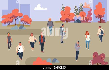 Menschen im Herbstpark. Legen Sie beiläufige Männer und Frauen in Wald in Fallvektor-Illustration Stock Vektor