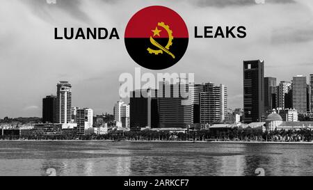 Sequenz der Bucht von Luanda mit angolanischer Flagge überlagert. Bildunterschrift zur Korruption in angolanischer Sprache Stockfoto