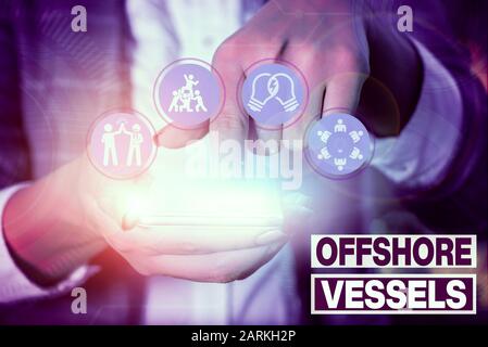 Schreiben Hinweis Übersicht Offshore Schiffe. Business Konzept für gestalteten Schiff offshore Öl- und Gasplattformen zu liefern Stockfoto