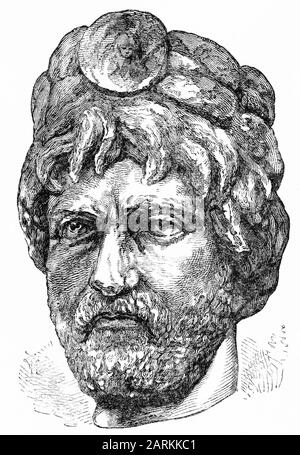 Gravur des Kopfes von einer Statue des römischen Kaiser Hadrian, die in Jerusalem auf dem Tempelgelände gefunden wurde. Stockfoto