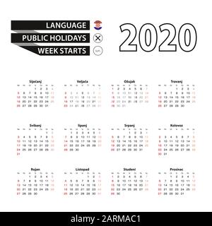 Kalender 2020 in kroatischer Sprache, Woche beginnt am Sonntag. Vektorgrafiken. Stock Vektor