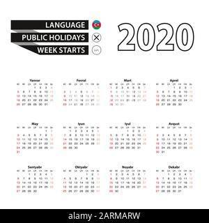 Kalender 2020 in aserianischer Sprache, Woche beginnt am Sonntag. Vektorgrafiken. Stock Vektor