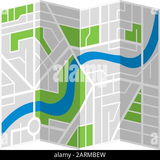 Generischer imaginärer Stadtplan mit Fluss. Vector bunt Stadt flach eps-Abbildung isoliertes Schema Stock Vektor