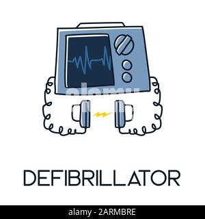 Minimalistische Darstellung der flachen Symbole des Defibrillators mit handgezeichneter Medik Stock Vektor