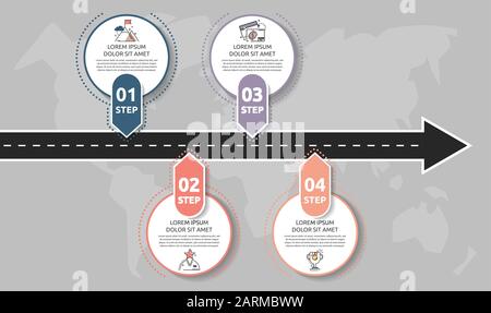 Moderne Infografievorlage mit Kreisen. Geschäftskonzept mit 4 Optionen und Pfeilen. Vier Schritte für Broschüre, Diagramm, Zeitachse, Ebenen, Marketi Stock Vektor