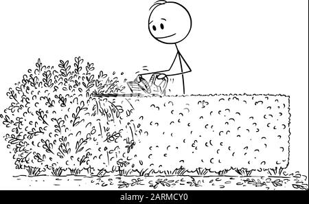 Vektor-Zeichentrickstickfigur Zeichnung konzeptuelle Illustration von Mann oder Gärtner Schneiden oder Trimmen des Heckenbusches mit Trimmer. Stock Vektor
