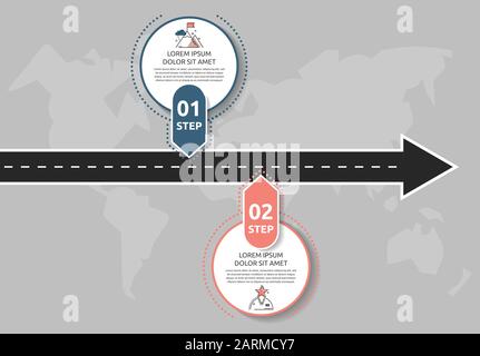 Moderne Infografievorlage mit Kreisen. Geschäftskonzept mit 2 Optionen und Pfeilen. Zwei Schritte für Inhalt, Flussdiagramm, Zeitachse, Ebenen, Marketi Stock Vektor
