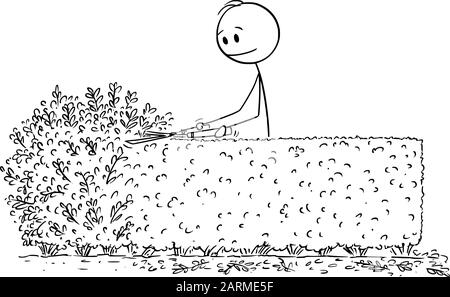 Vektor-Zeichentrickstickfigur Zeichnung konzeptionelle Illustration von Mann oder Gärtner Schneiden oder Trimmen des Heckenbusches mit Sekateuren oder Scheren. Stock Vektor