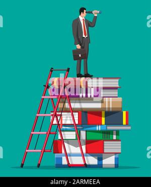 Geschäftsmann, der Spyglass auf Büchern durchschaut Stock Vektor