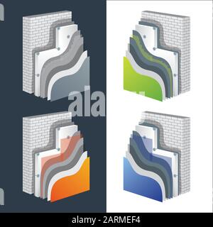 Wärmedämm-Querschnittsschema. Polystyrolgedämmte Ziegelwand. Vector eps10-Abbildung. Stock Vektor