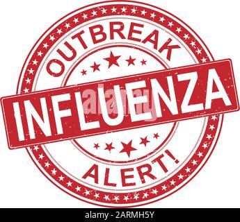 Umkreisen Sie den Gummistempel mit dem Text Ausbruch Warnung Influenza. Influenza-Gummistempel, Aufkleber, Logo, Siegel Stock Vektor