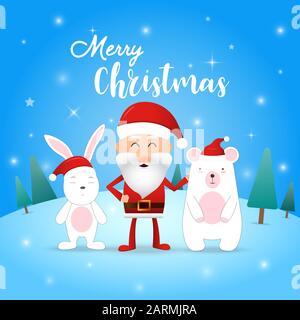 Frohe Weihnachten! Frohe Weihnachtsgefährten. Weihnachtsmann, Kaninchen und Bär in der Weihnachtsschneeszene, Illustrator-Vektor. Stock Vektor