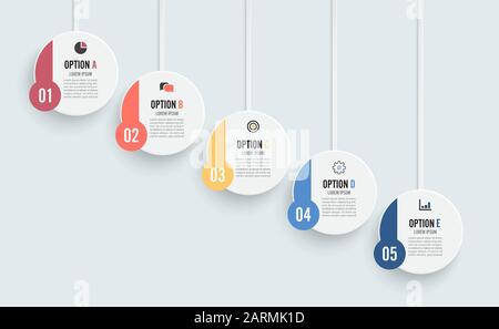 Template Timeline Infographic mit horizontaler Nummerierung für fünf Positionen kann für Workflow, Banner, Diagramm, Webdesign und Flächendiagramm verwendet werden. Stock Vektor