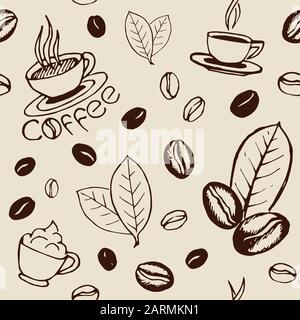 Handgezeichnetes, nahtloses Muster mit Kaffeetassen, Bohnen und Blättern. Skizzenhafte Textur. Vektor eps8-Abbildung. Stock Vektor