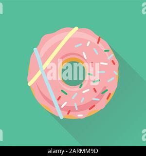 Symbol für einen flachen Donut. Süße Zuckerguss in der Glasur mit buntem Befüllen auf rosafarbene Creme. Isolierte eps8-Vektorgrafiken. Stock Vektor