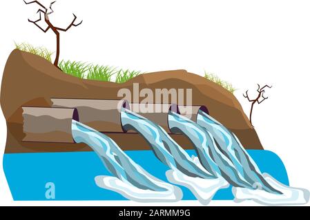 Abwasser. Wasserverschmutzung durch Industrierohr auf weißem Grund isoliert. Giftige Abwässer, Abwasserableitung, Schmutzwasser, Kontamination. Vektor Stock Vektor