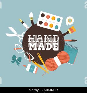 Handgefertigter Textanführungsaufkleber für kreativ gestaltete Produkte oder Shop-Stempel. Design mit kreisförmigen Schriftzügen und flachen Cartoon-Kunstwerkzeugen. Mit Strickwolle Stock Vektor