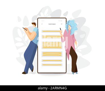 Universelles Vektor-Flachkonzept mit Mann und Frau in der Nähe eines riesigen Mobiltelefons, Online-Chat, Feedback geben und Online-Shopping machen. Mobil Stock Vektor