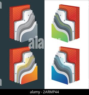 Wärmedämm-Querschnittsschema. Polystyrolgedämmte Ziegelwand. Vector eps10-Abbildung. Stock Vektor