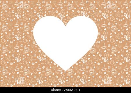 Kaffee dodelt im Hintergrund mit leerer Herzform. Handgezeichnetes, skizzenhaftes Symbolmuster. Vektor eps8-Abbildung. Stock Vektor