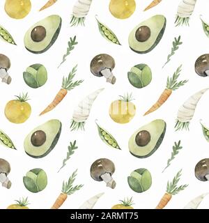 Wasserfarben-Pflanzenmuster auf weißem Hintergrund. Gesunde Lebensmittel nahtlose Illustration. Stockfoto