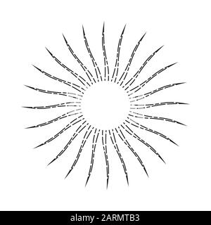 Lineare Zeichnung des Sonnenlichts. Outline Sonnenaufgang im Vintage-Stil. Sonnenschein isoliert auf weißem Hintergrund. Retro-stilisiertes Sonnensymbol mit gewellten Strahlen. Vektor Stock Vektor