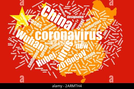 Pandemiekonzept Wuhan Coronavirus in Word Tag Cloud auf China Karte Hintergrund. Coronavirus 2019-nCoV-Ausbruch. Stockfoto