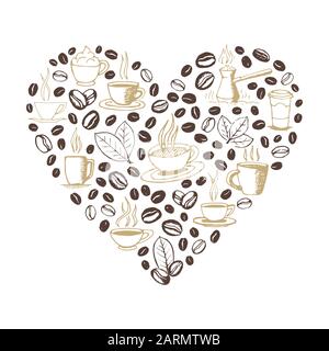 Herzform gefüllt von Hand gezeichneten Kaffee Kritzeleien isoliert auf weißem Hintergrund. Kaffeetasse, Cezve, Bohnen und Blätter Symbole. Skizzener Vektor eps8 Stock Vektor